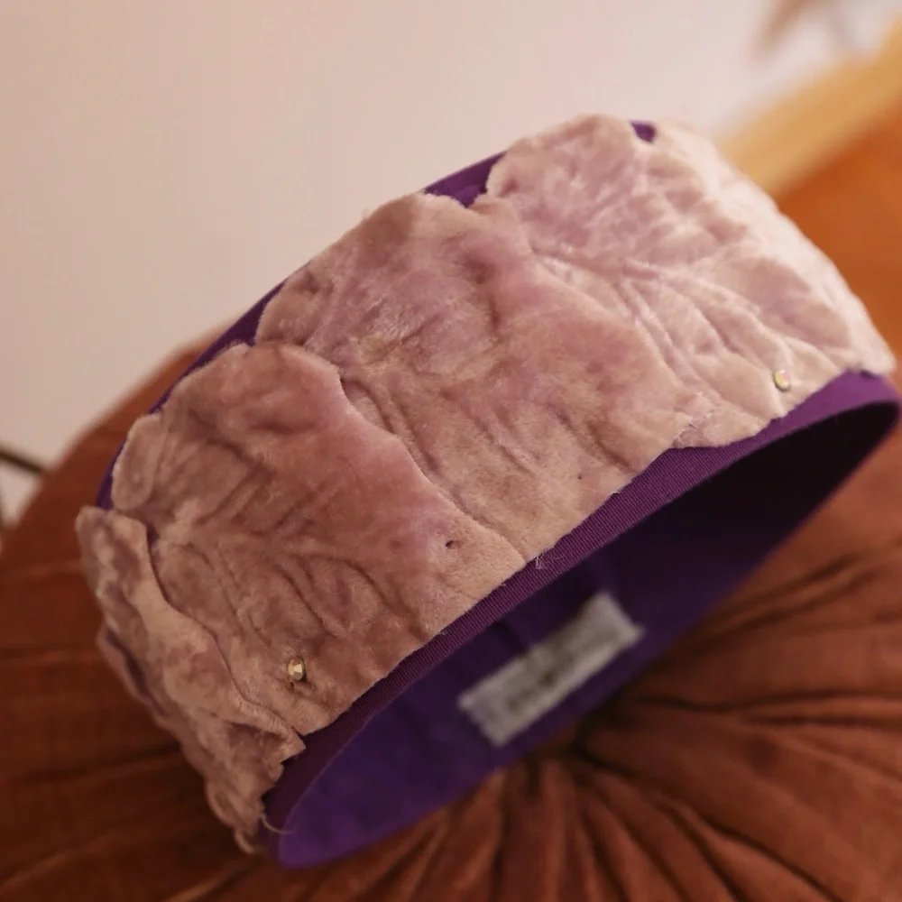 Vintage 60s Pillbox Hat Purple Lavender Velvet Rhinestone Leaves - Picture 7 of 7